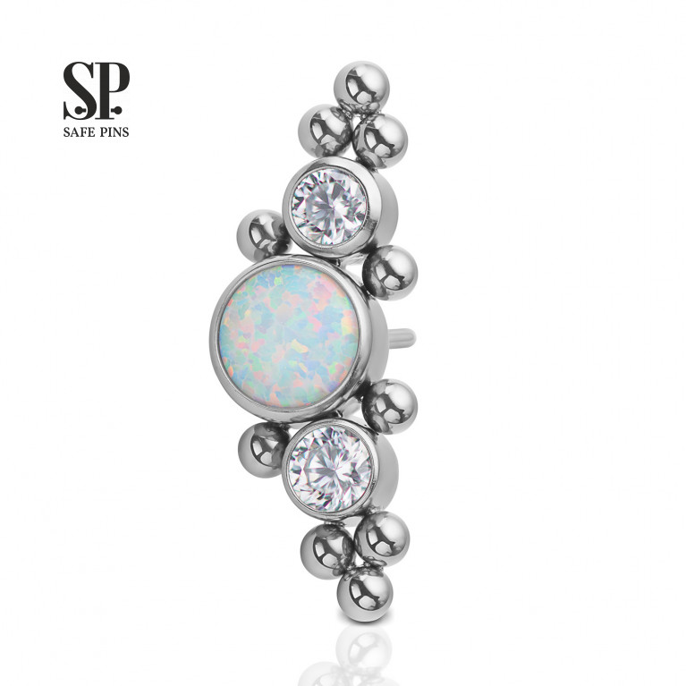 Threadless Cluster with white opal, Clear CZ and bubbles