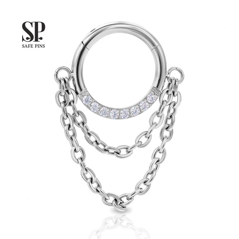 Hinged Segment Сlicker with Dangle Double Chain and Clear CZ crystals
